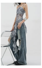 Vintage Distressed And Dirt-Dyed Patchwork Wide-Leg Jeans