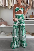 Cassie Ric Rac Trims Unique Print Halter Ring Tank and High Rise Wide Leg Pants Set