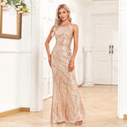 Sleeveless Round Neck Luxury Rose Gold Party Dress Mermaid Shiny Large Long Evening Dress