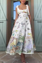 Euro Summer View Linen Blend Unique Print Tie-up Straps Pocket Midi Dress