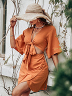 Jenner Linen Blend Tie Front Cutout Midi Dress Orange
