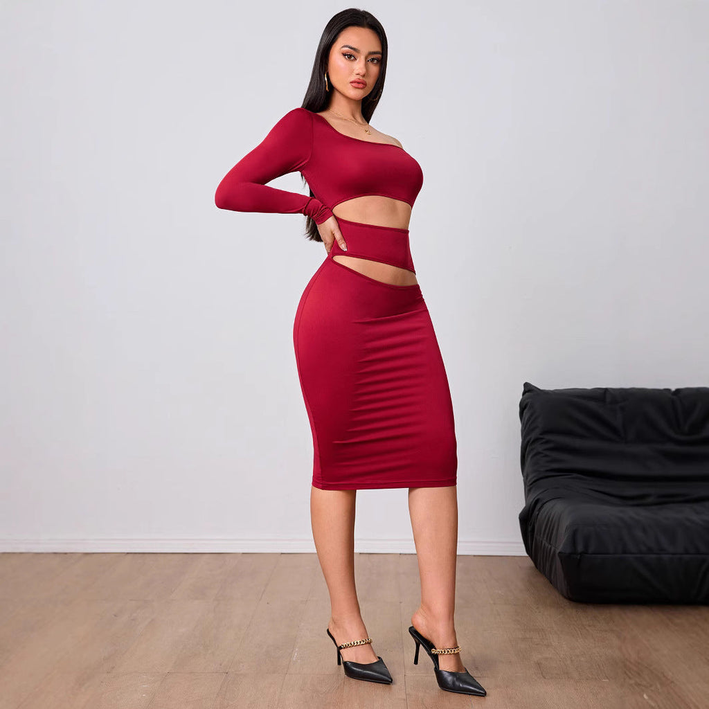 Wine Red Socialite Dress Single Side Sleeve Midi Dress