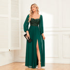 Elegant Multiple Wear off Shoulder High Slit Lace - up Dress Fully Lined Sequin Stitching Chiffon Long Sleeve Dress