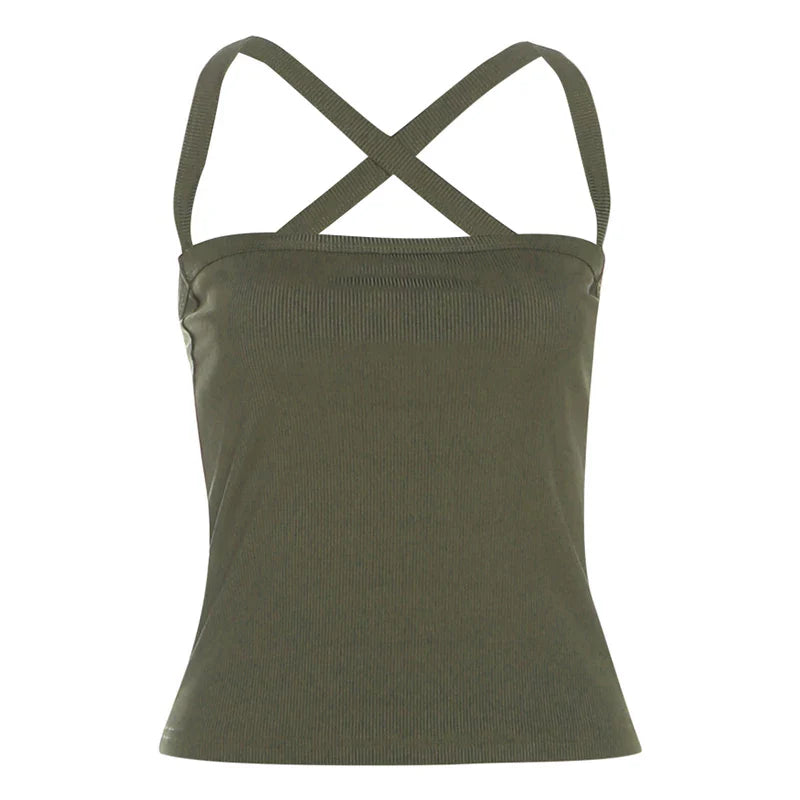 Ribbed Cross-Strap Backless Crop Top