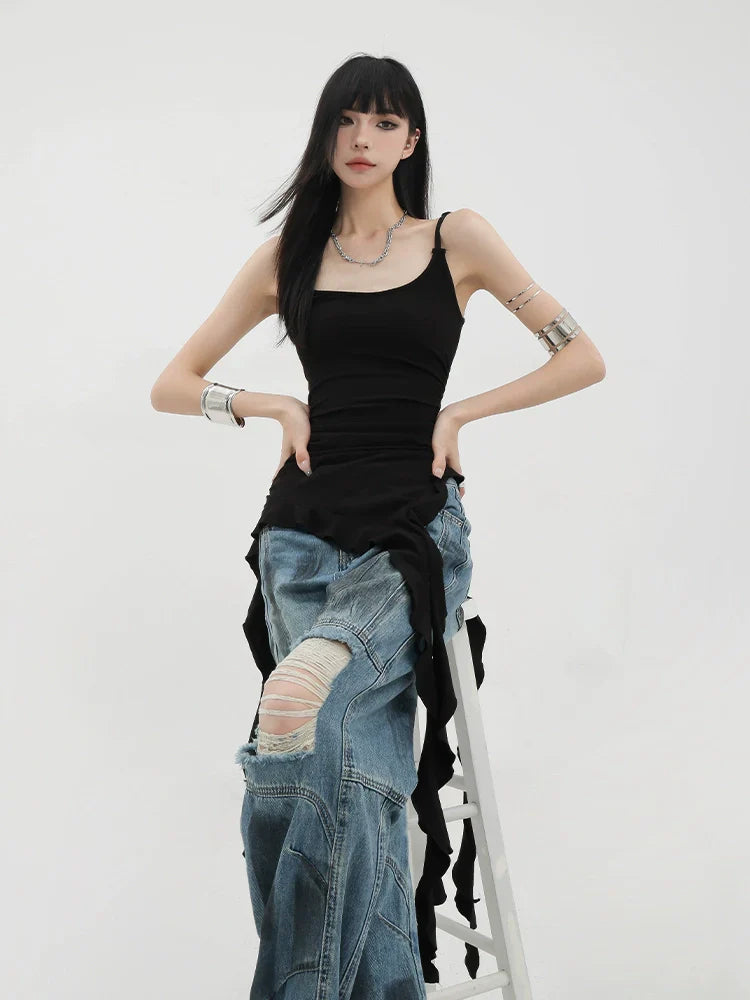 Black Asymmetric Ribbon Strap Tank Top With Ruffle Edge Design
