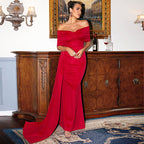Elegant Red Satin off the Neck Elegant Lady Short Sleeve Long Pattern High Grade Chest Wrapped Evening Dress