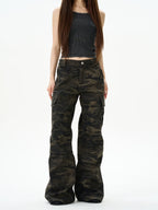 Camo Print Wide-Leg Multi-Pocket Cargo Pants