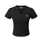 Keyhole Neckline Fitted Tee: Short Sleeve Logo Embroidered Top