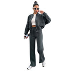 Autumn Winter Solid Color with Fur Zipper Cardigan Women Clothes Casual Straight Pants Two Piece Sets