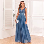 Patchwork Stretch Waist Sleeveless Double V Neck Evening Dress Tulle Embroidery Long Elegant A Big Swing Party Dress