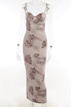 Sweetheart Bodycon Lace Mesh Sleeveless Printed Maxi Dress - Floral