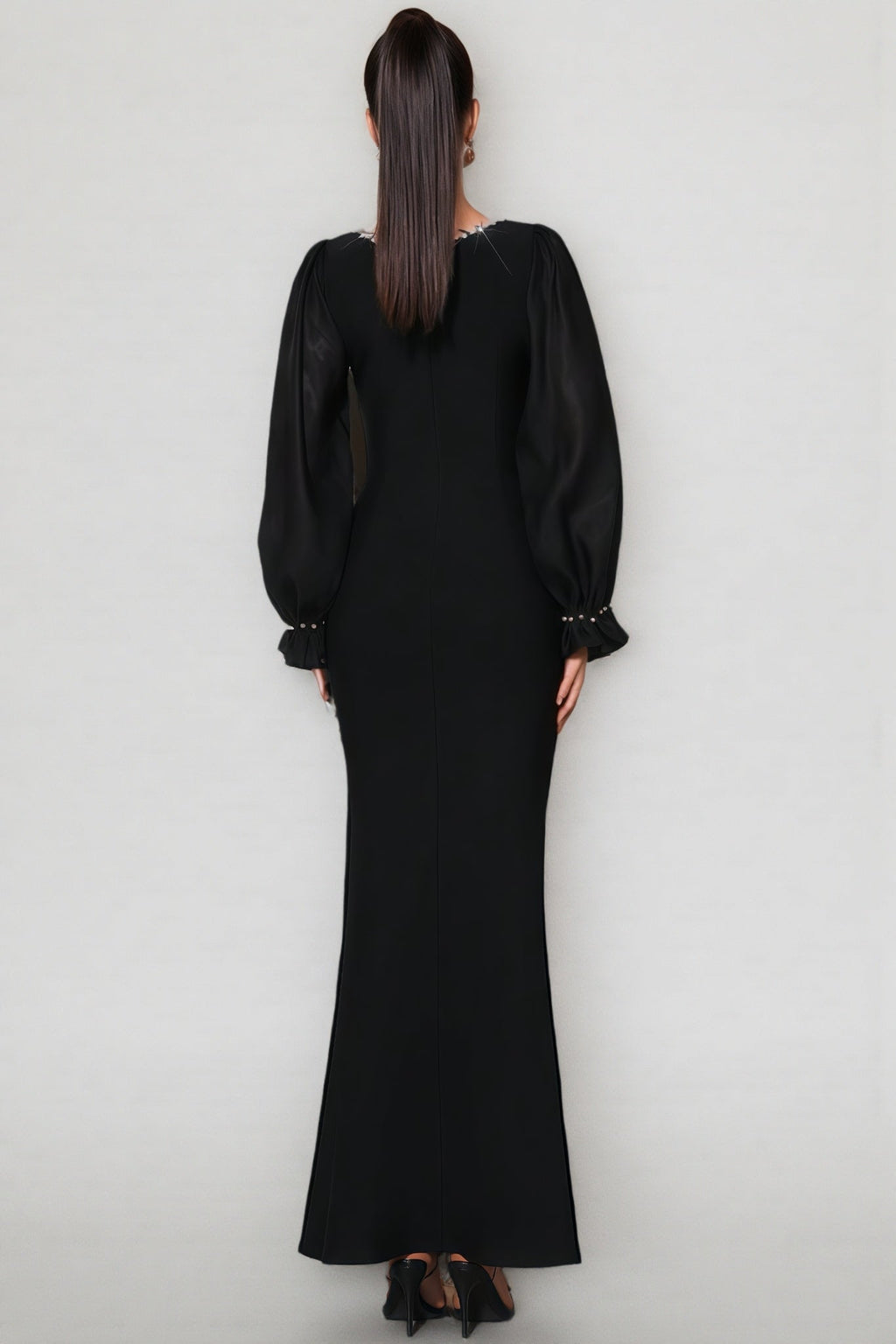 Thariy Black Square Neck Rhinestone Maxi Dress