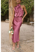 Classic on You Satin High Cowl Neck Top and Elastic Waist Pocket Loose Pants Set