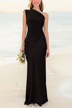 Kaia Satin Contrast Fabric Patchwork One Shoulder Ruched Maxi Dress