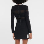 Bow Mesh Rhinestone Strip Dress Black Long Sleeve Semi Transparent
