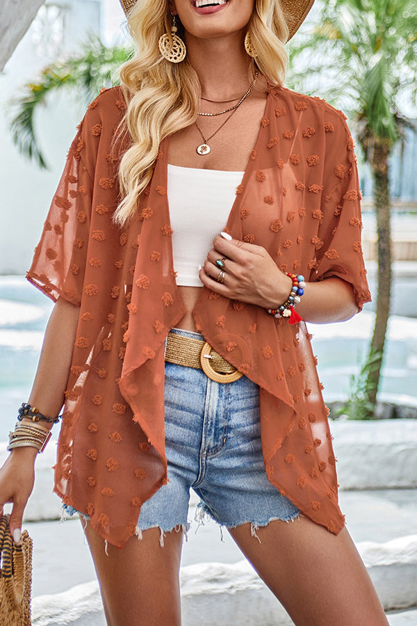 Casual See Through Patchwork Pom Pom Short Sleeved Cover Up