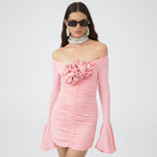 Pink Bell Sleeve Floral Dress Pleating Tube Top Dress Design