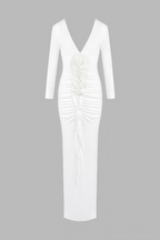 Vivialk V-neck 3D Flower Pleated Maxi Dress