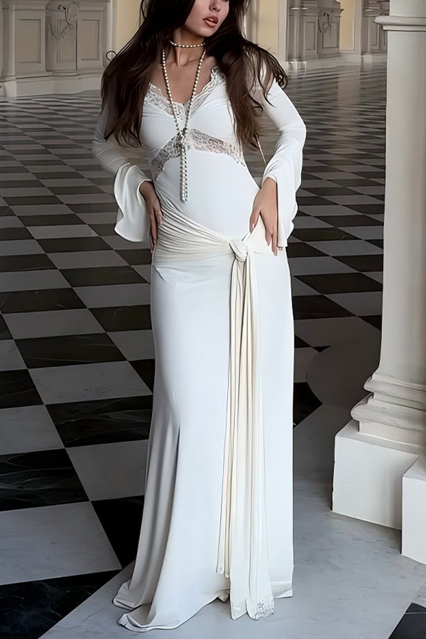 Fashion Lace Splicing Sexy V-neck Long-sleeved Slim Maxi Dress