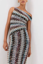 Cocktails and Vacation Knit Colorful Zigzag Pattern One Shoulder Slit Maxi Dress