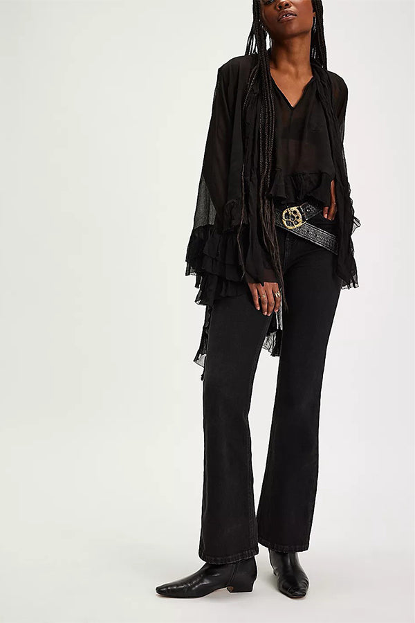 Flowy See-through Ruffle Tie-up Neck Bell Sleeve High-low Hem Cape Shirt