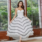 Irregular Asymmetric Tiered Dress Stitching Mesh Contrast Color Large Swing Mop Dress Drill Chain Beaded Boning Corset Tube Top Long Dress Organza