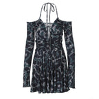 Pattern Print Long Sleeve Tether Halter Pleated Dress