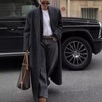 Kassidee Striped Lapel Long Coat
