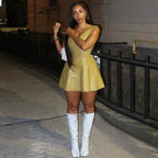 Faux Leather U Collar Sleeveless Patchwork Personality Dress