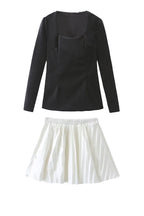 Netta Velvet Square Neck Long Sleeve Back Pearl Detail Pleated Mini Dress