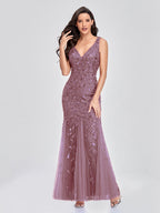 Evening Dress V neck Tulle Embroidered Sequ Mermaid Prom Formal Dress