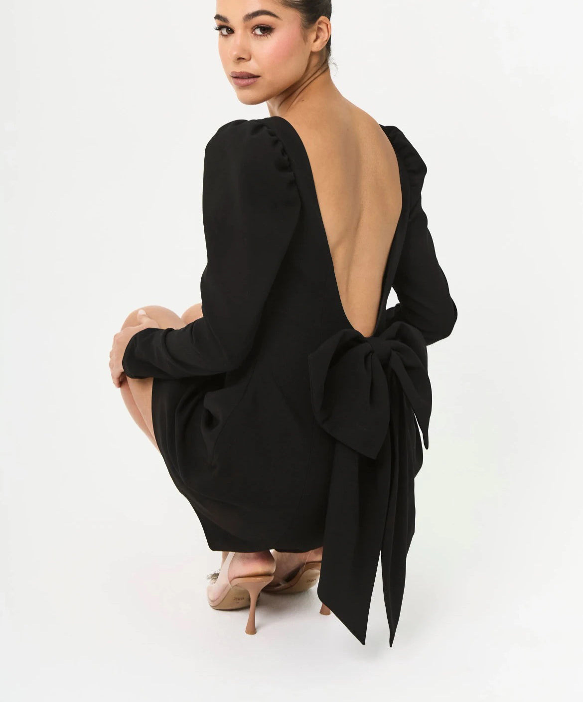 Women's party dress fluffy shoulder long sleeved back bow detail mini dress