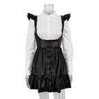 Black White Contrast Color Preppy Suit Long Sleeve Shirt Slip Dress Two Piece Set