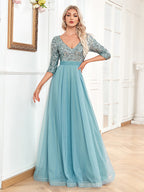 V neck Short Sleeve Sequined Tulle A line Floor Elegant Prom Evening Party Dress