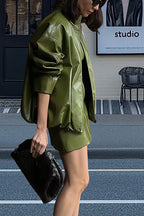Solid Color Loose Long Sleeve Pocket Casual Leather Jacket