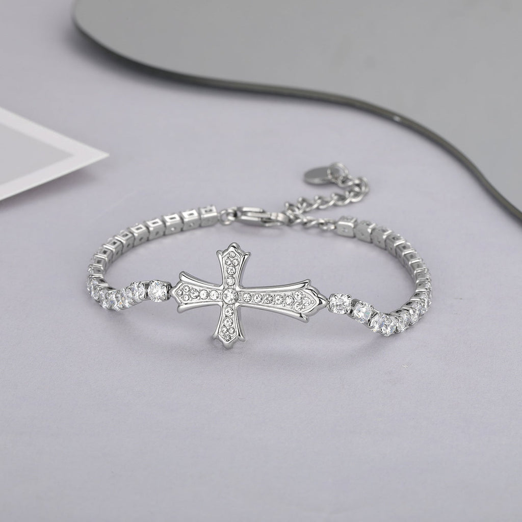 Sparkly Full Zircon Cross Titanium Steel Fadeless Chain Bracelet