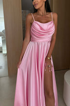 Solid Color Suspender Back Pleated Elegant Slit Full Hem Maxi Dress