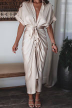 Luv Satin Tie Front Midi Shirt Dress Champagne