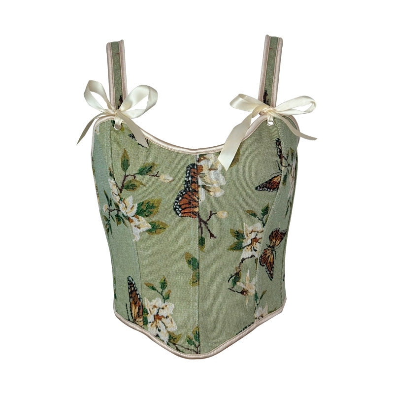 French Bow Tie Shoulder Floral Sexy Shapewear Women Spaghetti Strap Floral Print Slim Vest Corset