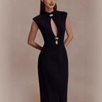 Fitted Straight-Line Evening Dress with High Neck