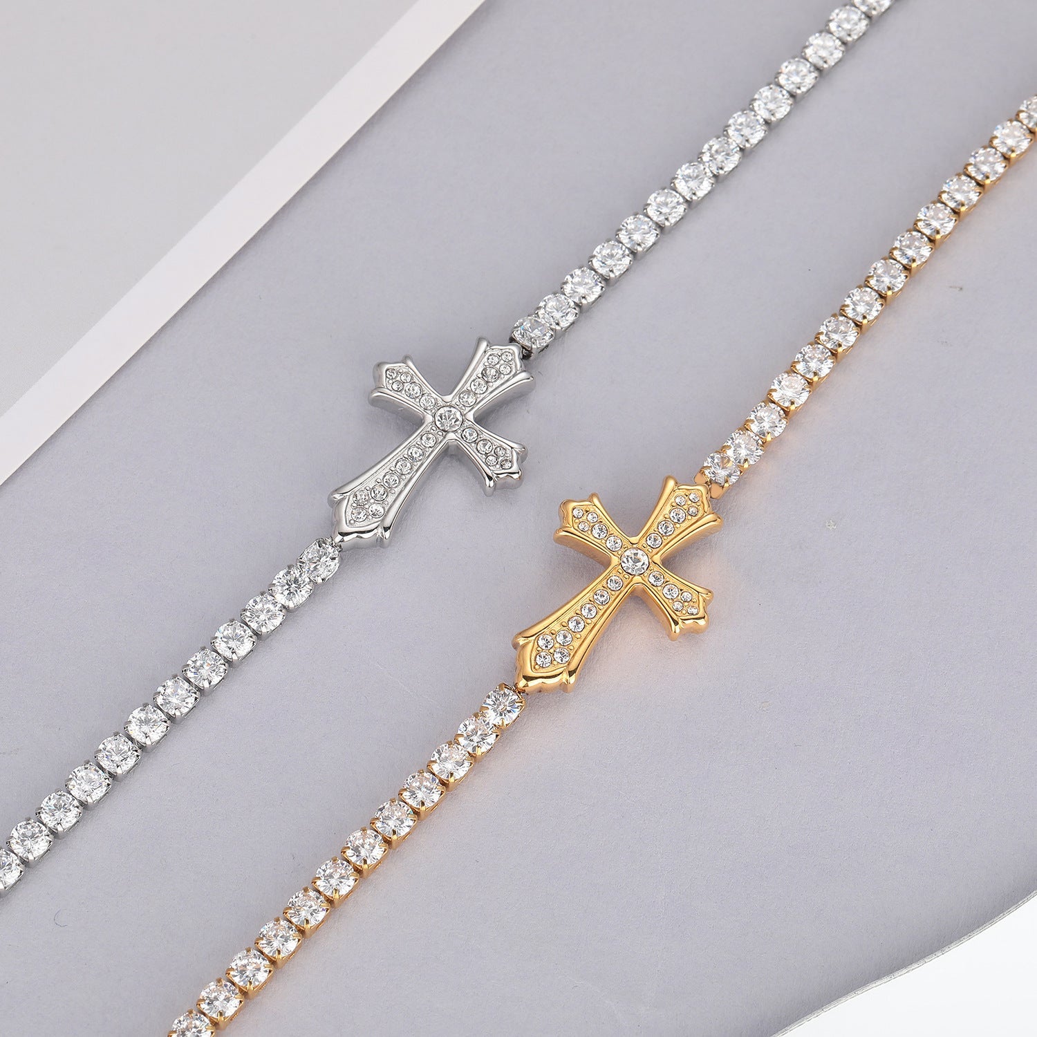 Sparkly Full Zircon Cross Titanium Steel Fadeless Chain Bracelet