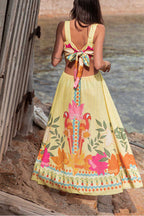 Resort Style Unique Print Sexy Square Neck Backless Waist Maxi Dress