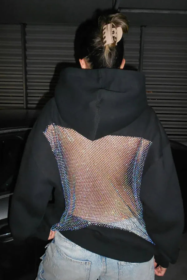 Fashionable Shiny Mesh Hollow Back Loose Long-sleeved Hooded Sweatshirt
