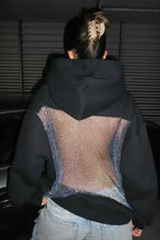 Fashionable Shiny Mesh Hollow Back Loose Long-sleeved Hooded Sweatshirt