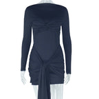 Elegant Stitching Solid Color Tied Bag Hip Long Sleeve round Neck High Waist Short Dress