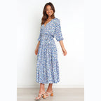 Floral Fresh Sweet Mid - Sleeve V neck Dress