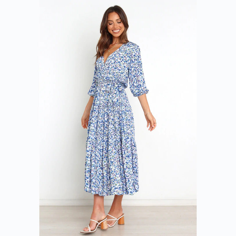 Floral Fresh Sweet Mid - Sleeve V neck Dress