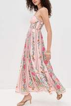 Linen Blend Delicate Forest Unique Print Sweetheart Neck Beaded Straps Maxi Dress