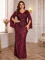 plus Size Sequined Long Sleeve Evening Cocktail Slim Fit Fishtail Long Toast Dress