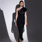 Oblique Shoulder Rhinestone Voile Bandage Dress Debutante Gala Dinner Dress